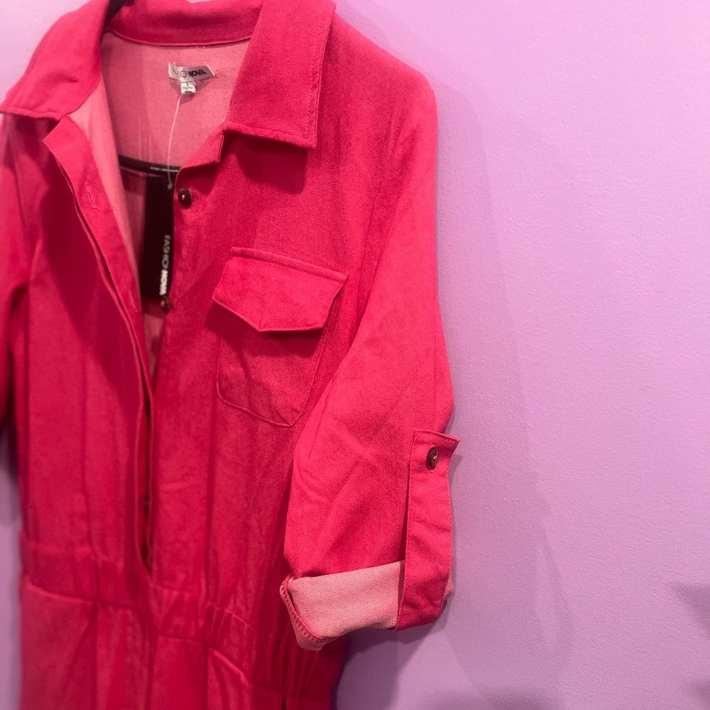 Women's Pink Utility Jumpsuit - Casual Long Sleeve Romper - Picture 6 of 6
